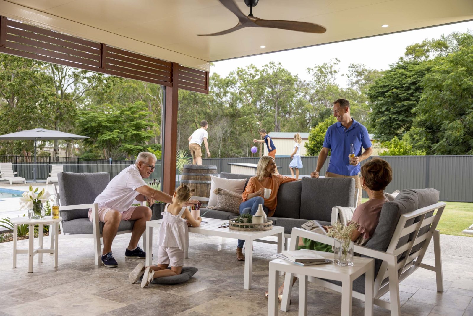 Family on an outdoor patio